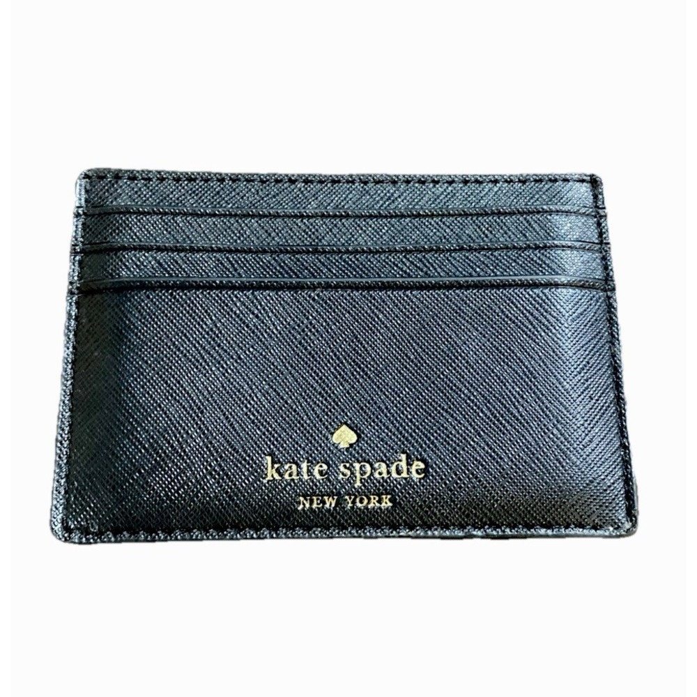 Kate Spade New York Black Leather Card Holder Wallet Slim Glitter Back